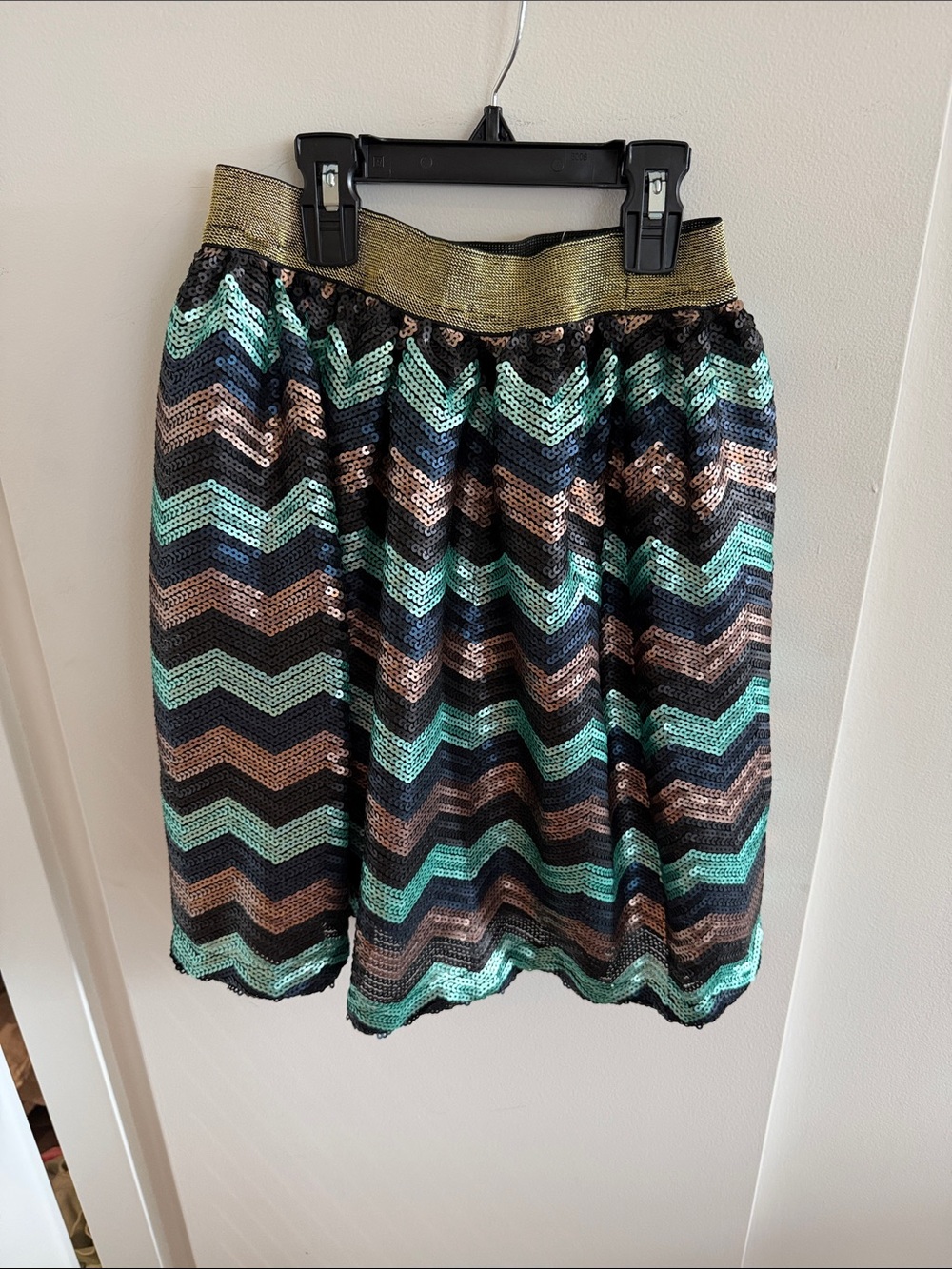 Peek Sequin Chevron Mini Skirt in Black, Mint & Bronze Size 12
